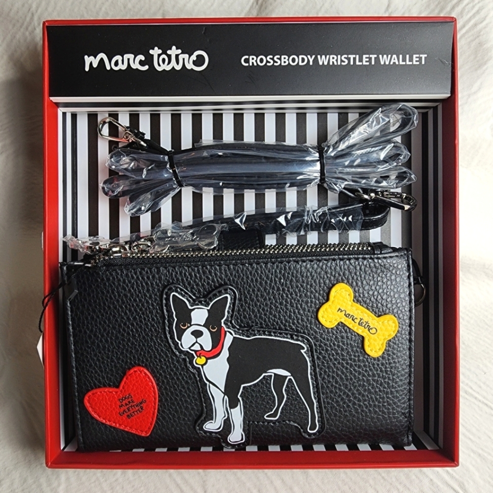 Marc Tetro Crossbody Wristlet Wallet Boston Terrier 7" Black in Gift Box NWT